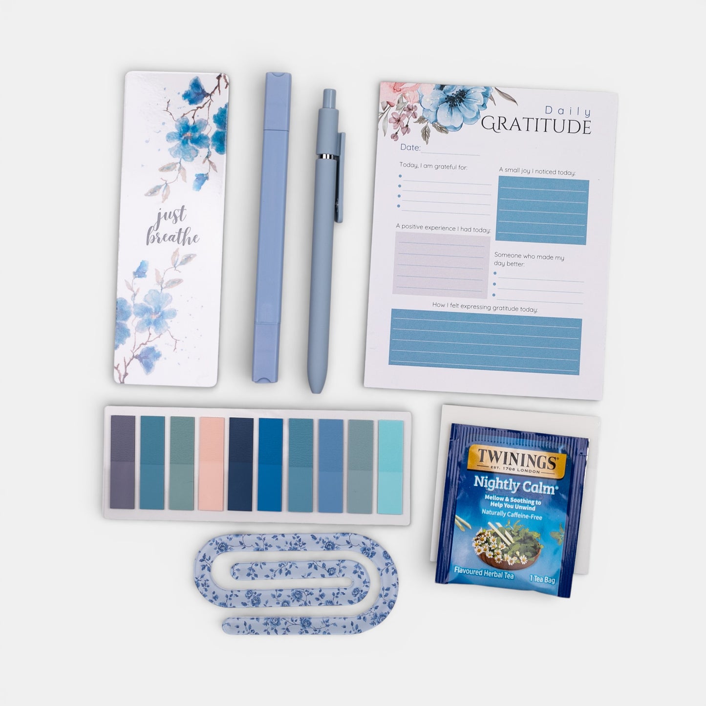 Arrangement of gift items on white background