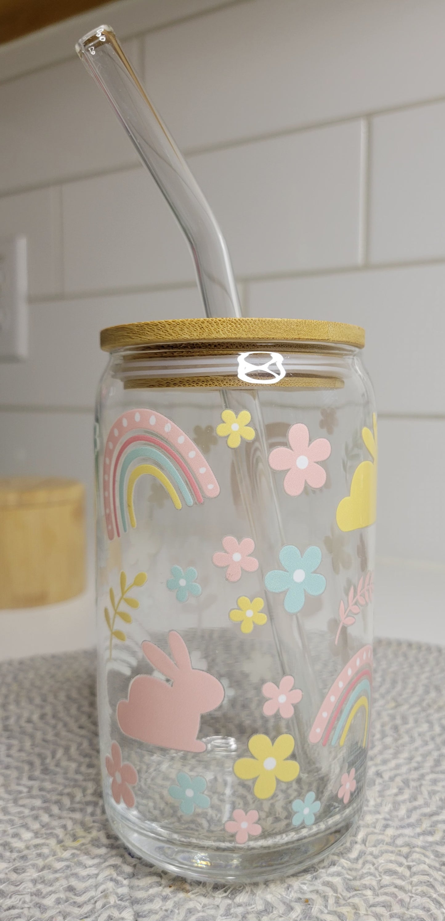 Bunnies & Rainbows 16 oz Glass Cup