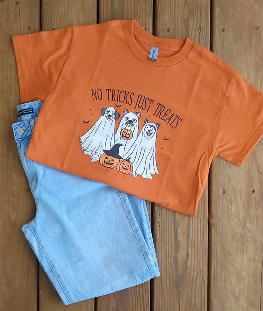 No Trick Just Treats Ghost Dog Orange Halloween Short Sleeve T-Shirt