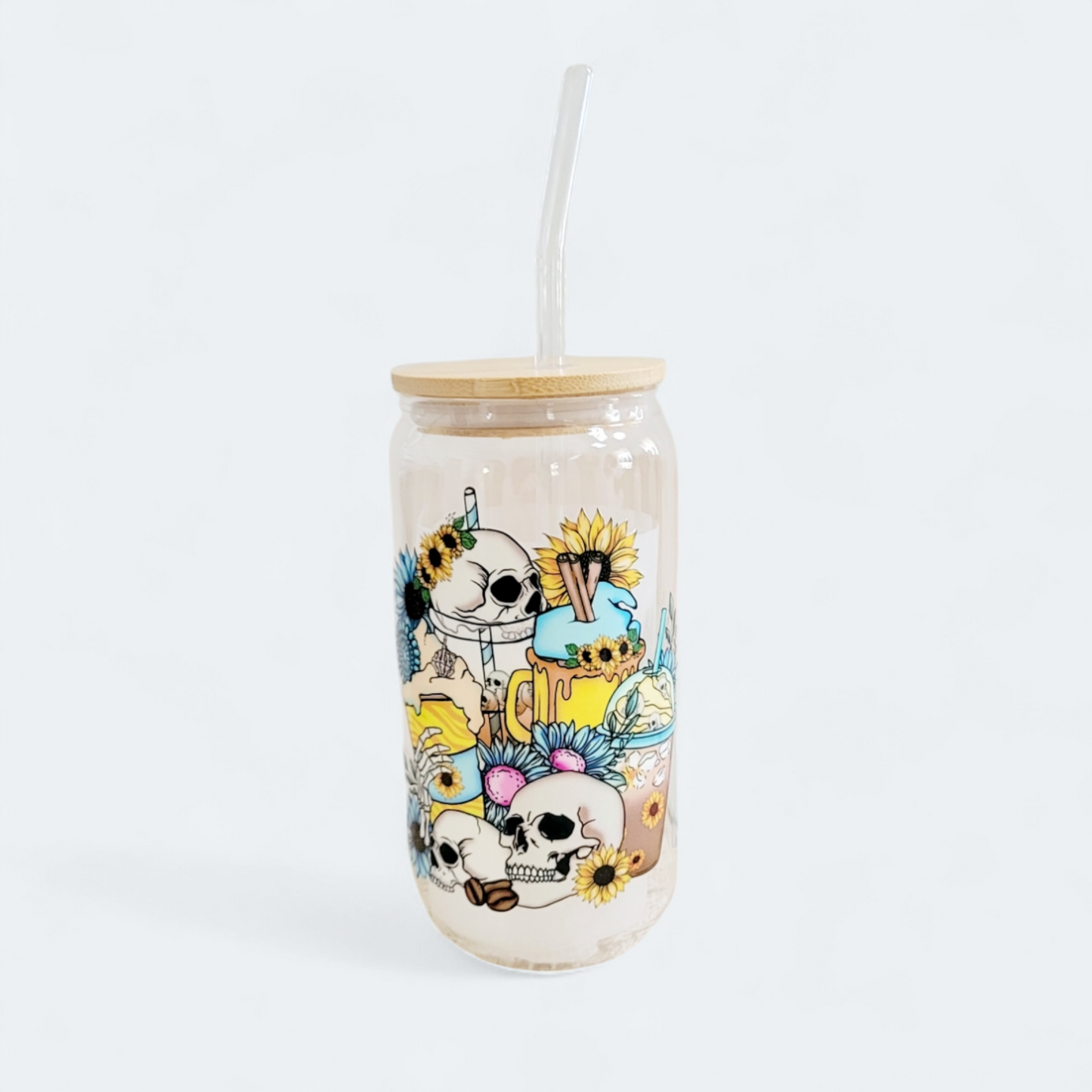 Retro Fueled By Coffee & Anxiety Skulls 16 Oz Glass Cup