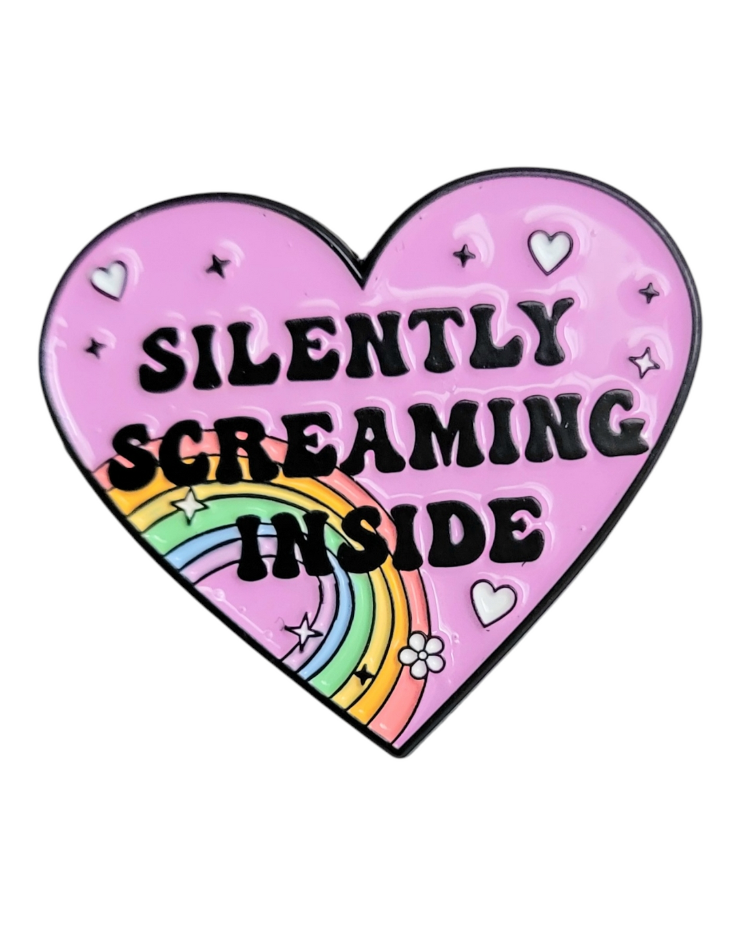 Silently Screaming Inside Rainbow Pink Heart Enamel Pin