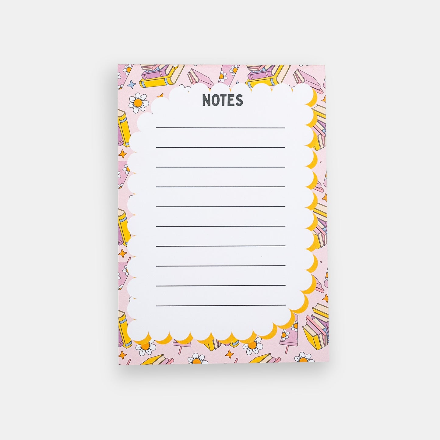 Notepad with colorful border design featuring books and tumblers on a white background