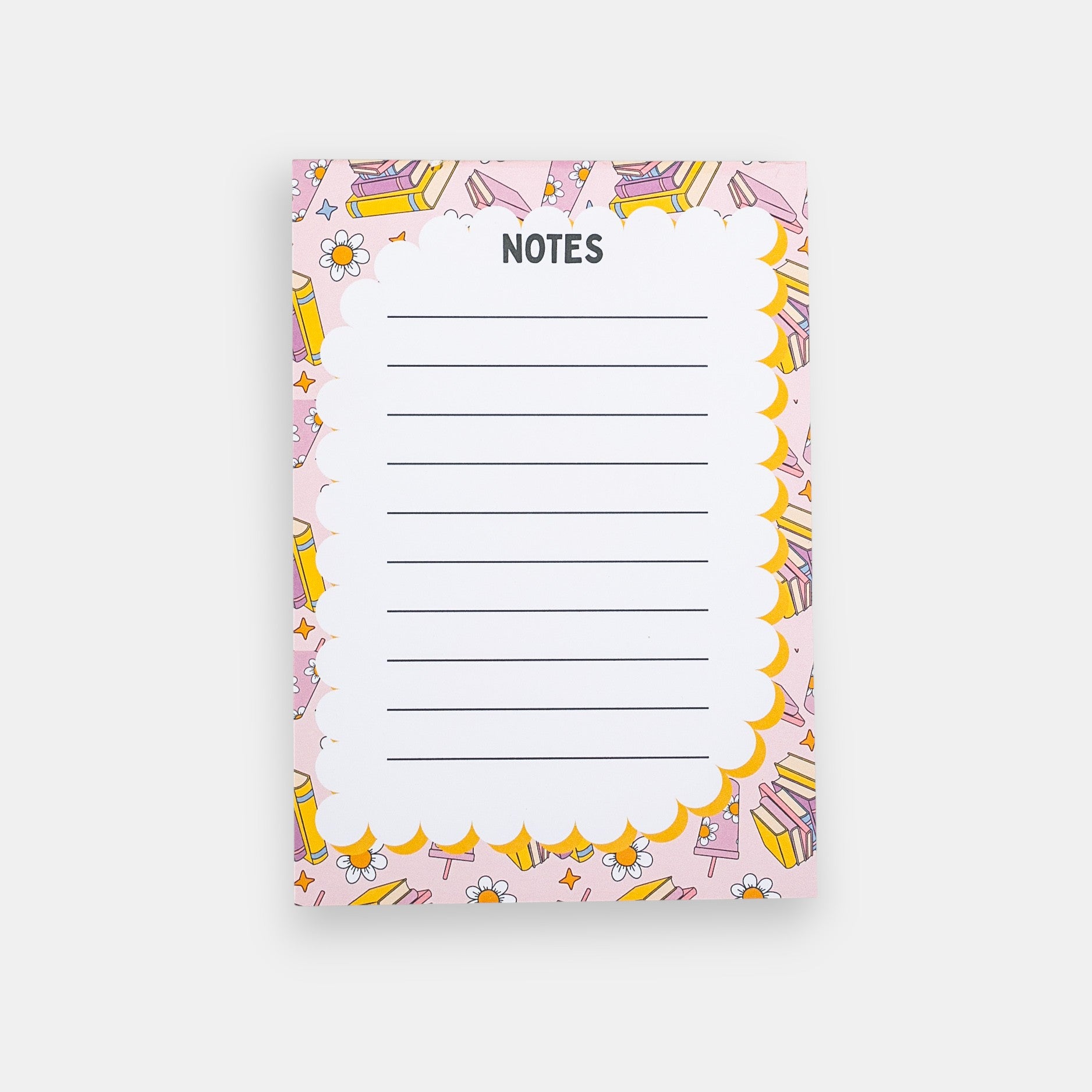 Notepad with colorful border design featuring books and tumblers on a white background