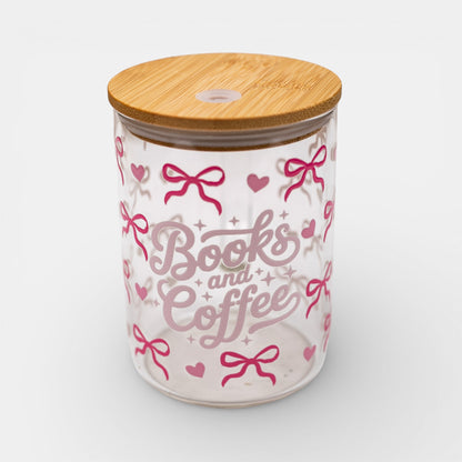 Glass jar with bamboo lid featuring 'Books and Coffee' text and pink bows on a white background