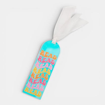 Holographic 'READ' bookmark on a white background