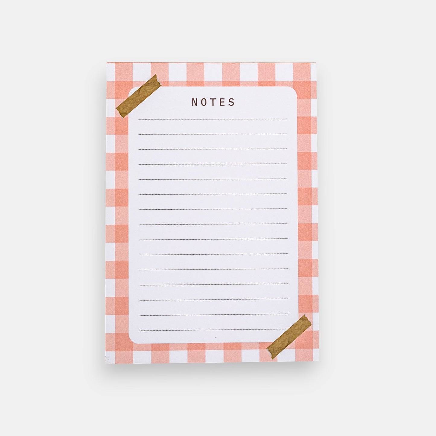 Notepad with pink and white checkered border and 'NOTES' text on a white background
