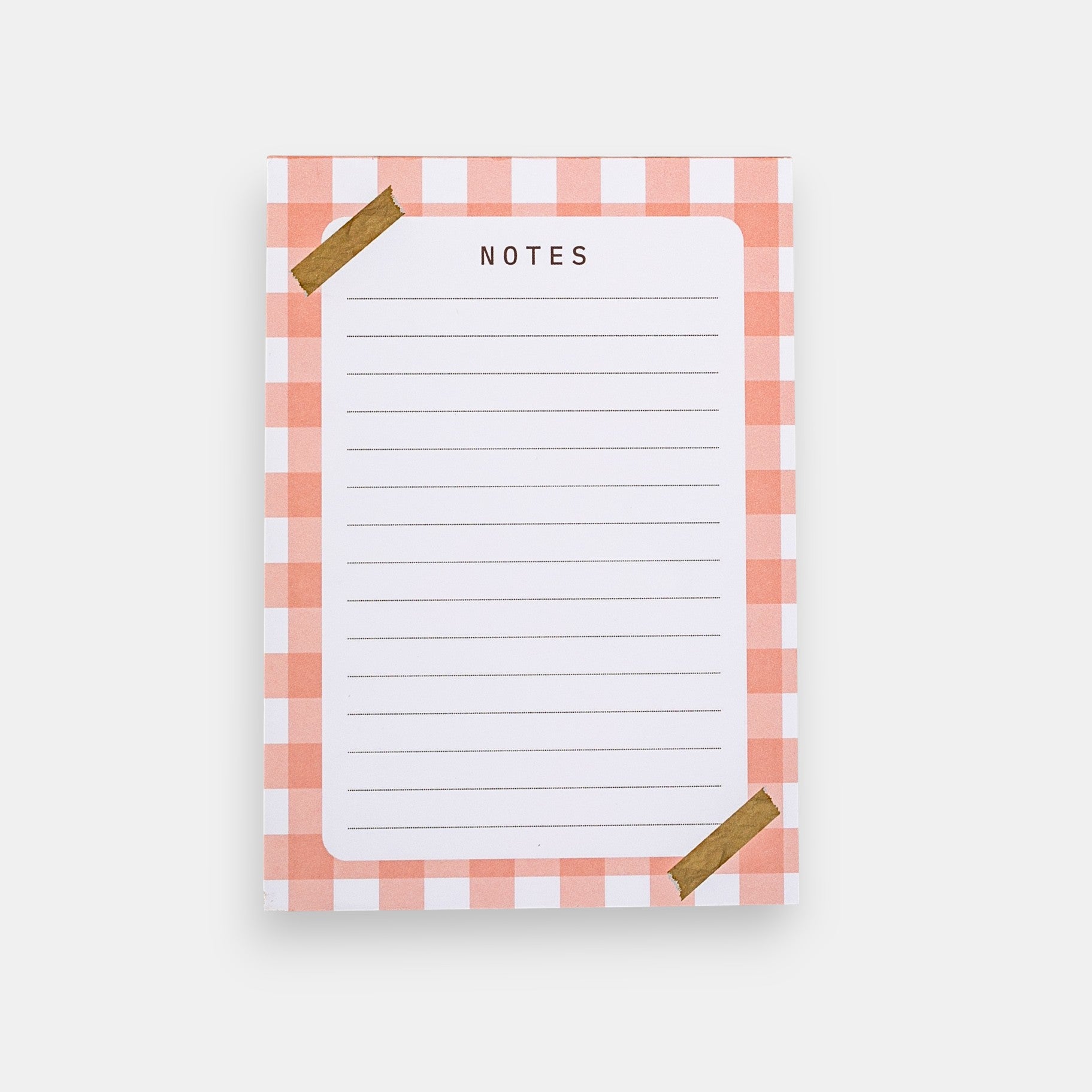 Notepad with pink and white checkered border and 'NOTES' text on a white background