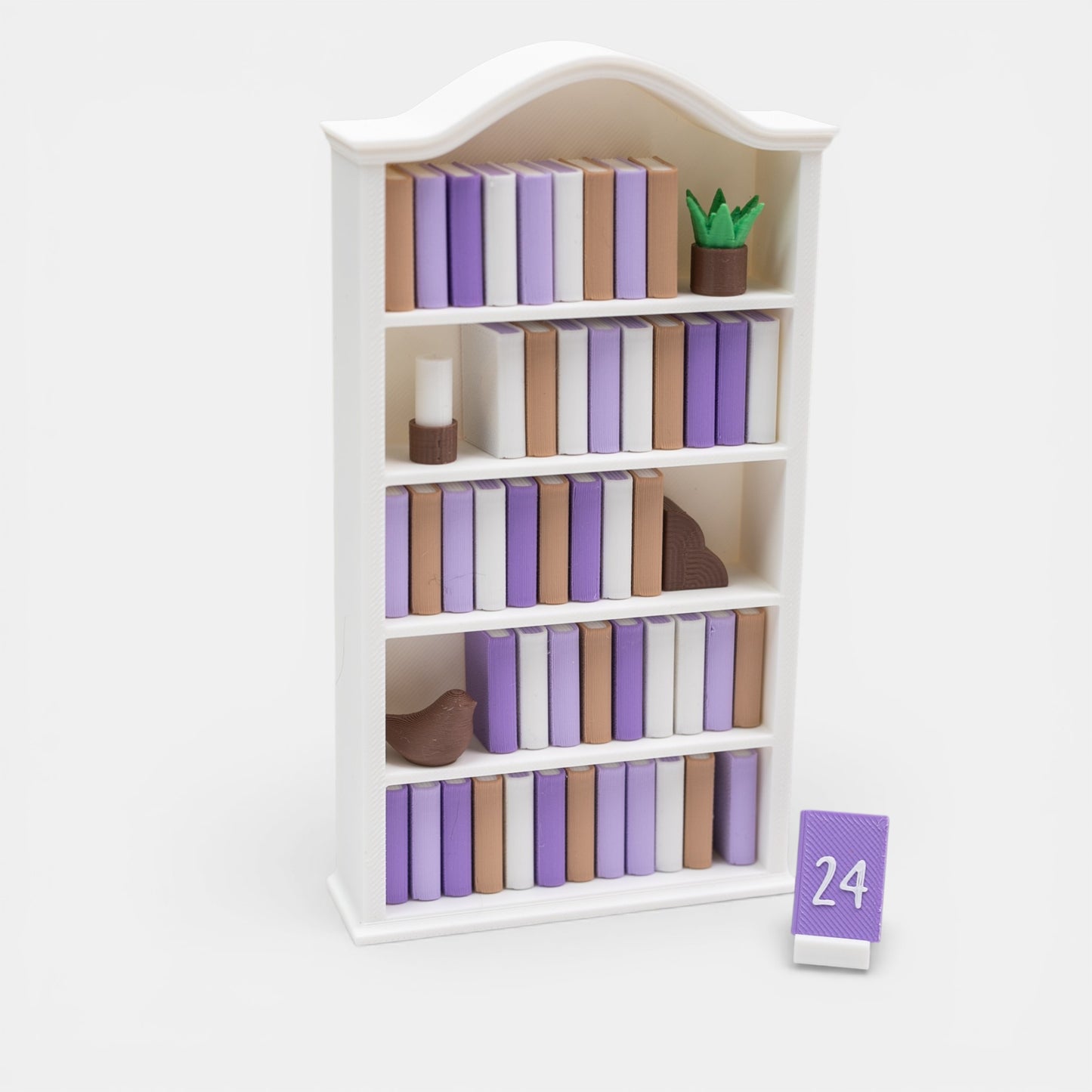 Mini white bookshelf with numbered purple and brown books to track reading progress on a white background
