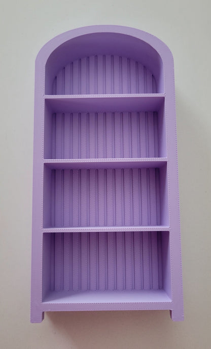 The Salty Cat Co light purple arched mini bookshelf for miniature book collections and desk decor.