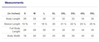The Salty Cat Co size chart table showing body length, sleeve length, and body width measurements in inches.