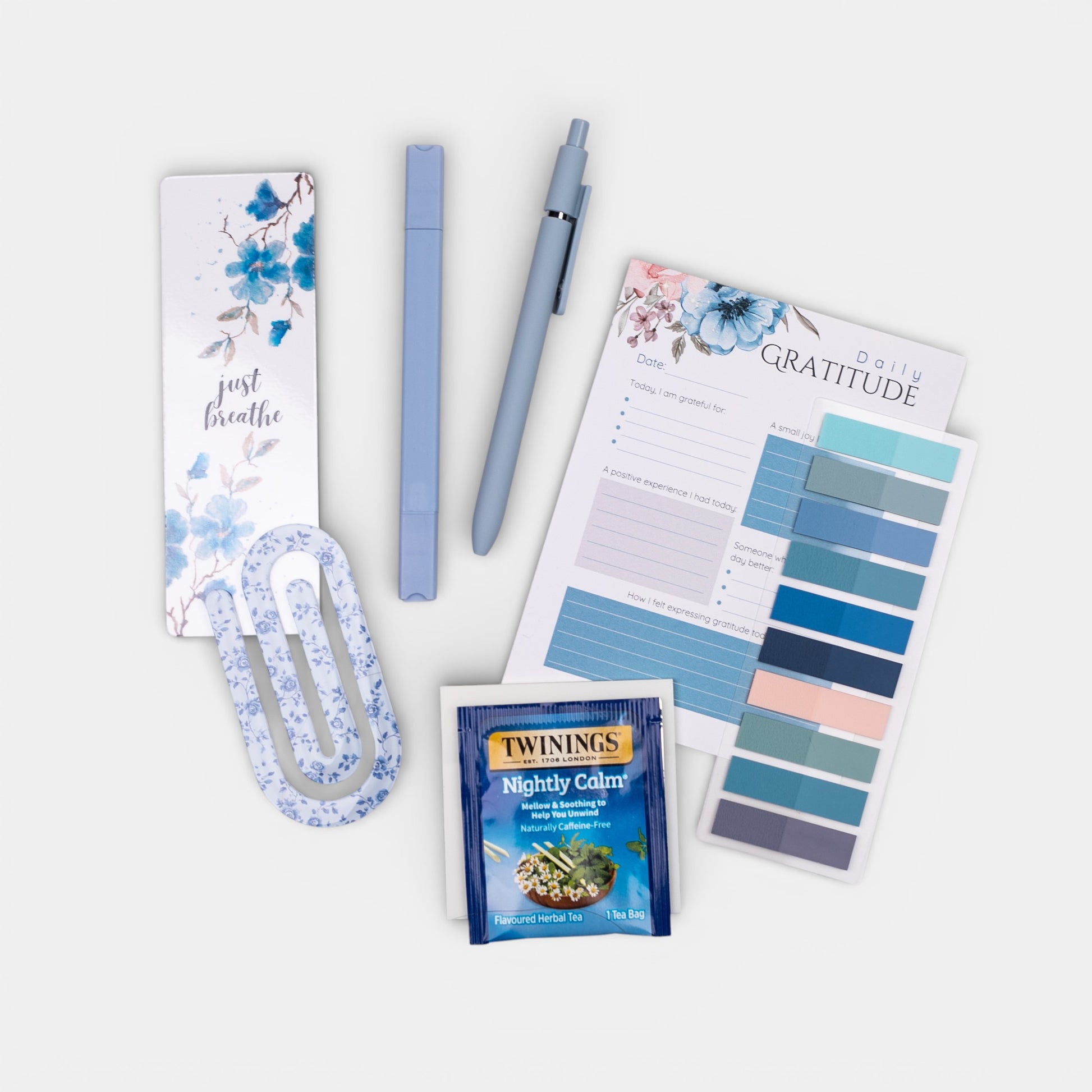 Arrangement of gift items on white background